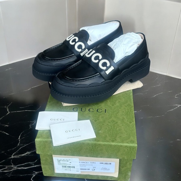 Gucci Shoes - Gucci Logo Platform Leather Loafers Size 39